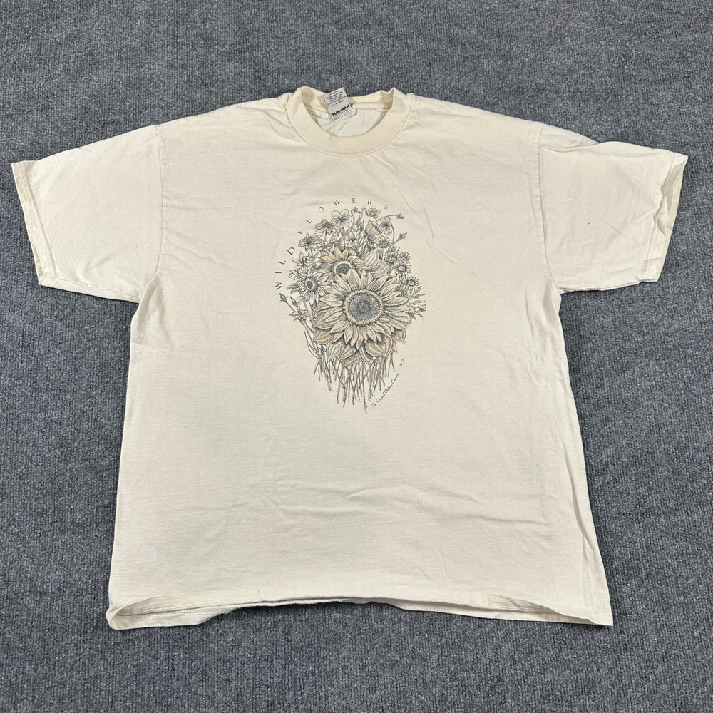 Vintage Del Sol Shirt Mens XL White Wildflowers Sunflower Graphic Tee Cotton